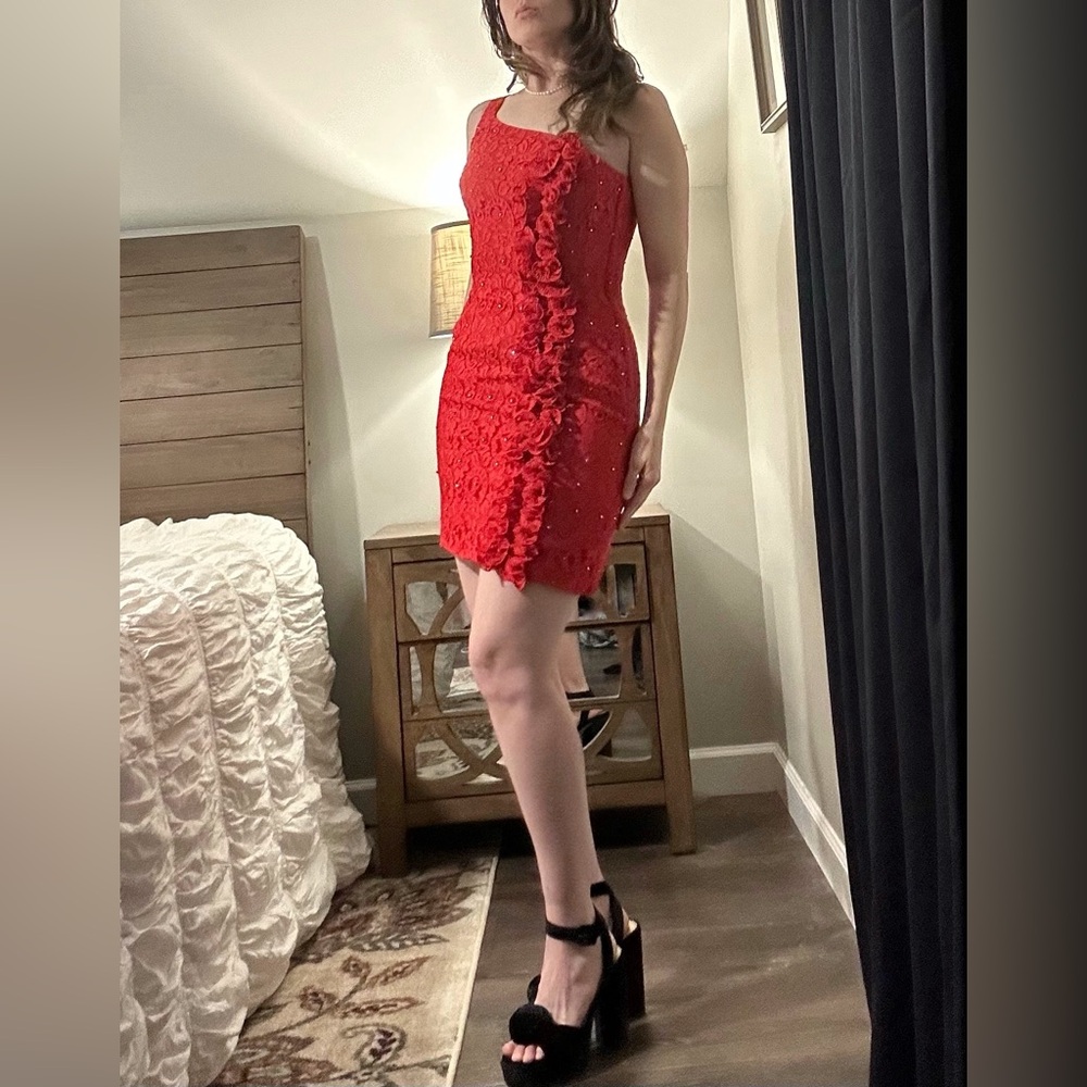 VTG 90’s Red Lace One-Shoulder Mini Dress Made In The USA